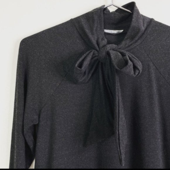 Zara Dark Gray Tie Collar Long Sleeve Top - Picture 1 of 5